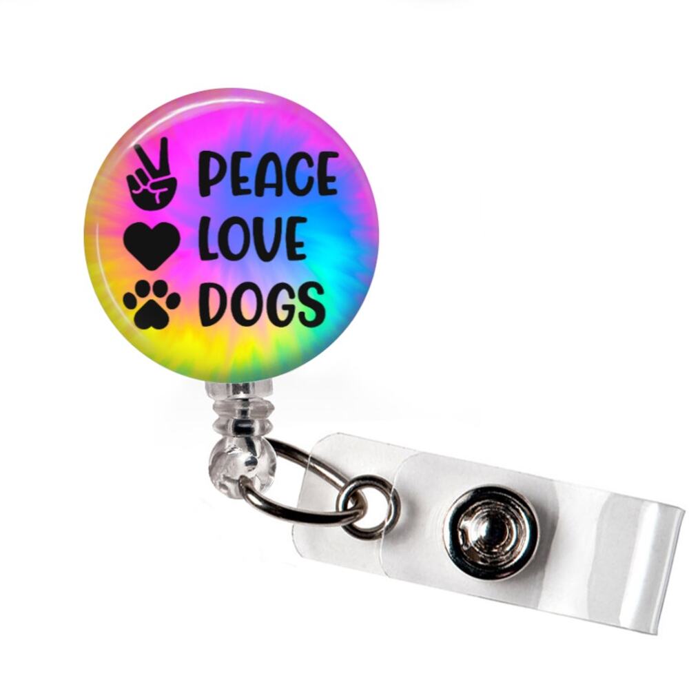 Peace Love Dogs Badge Reel Tie Dye Dog Lover Paw Print ID Holder